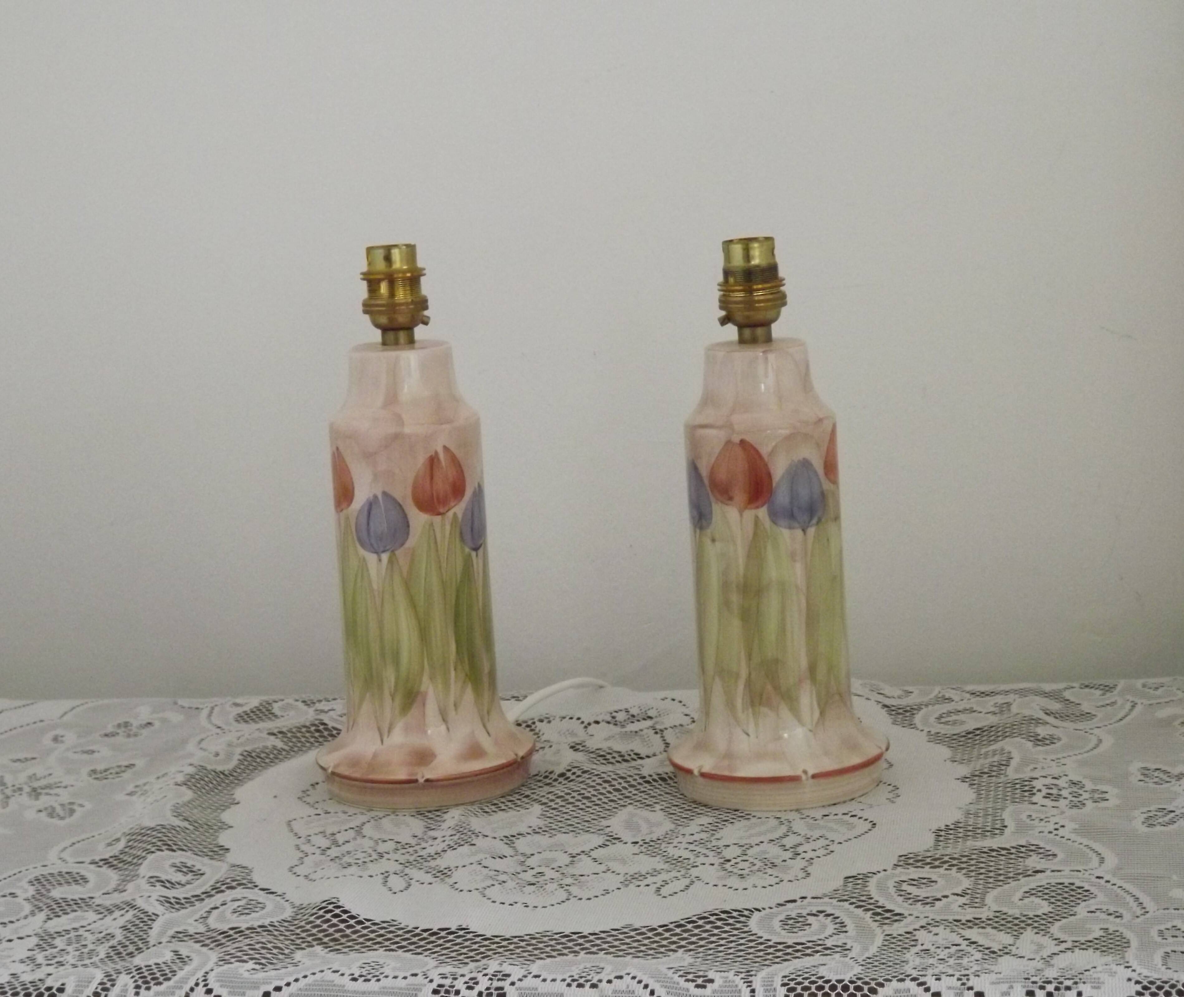 Set of 2 Hand-Painted Jersey Pottery Tulip Design Table / Bedside Lamps