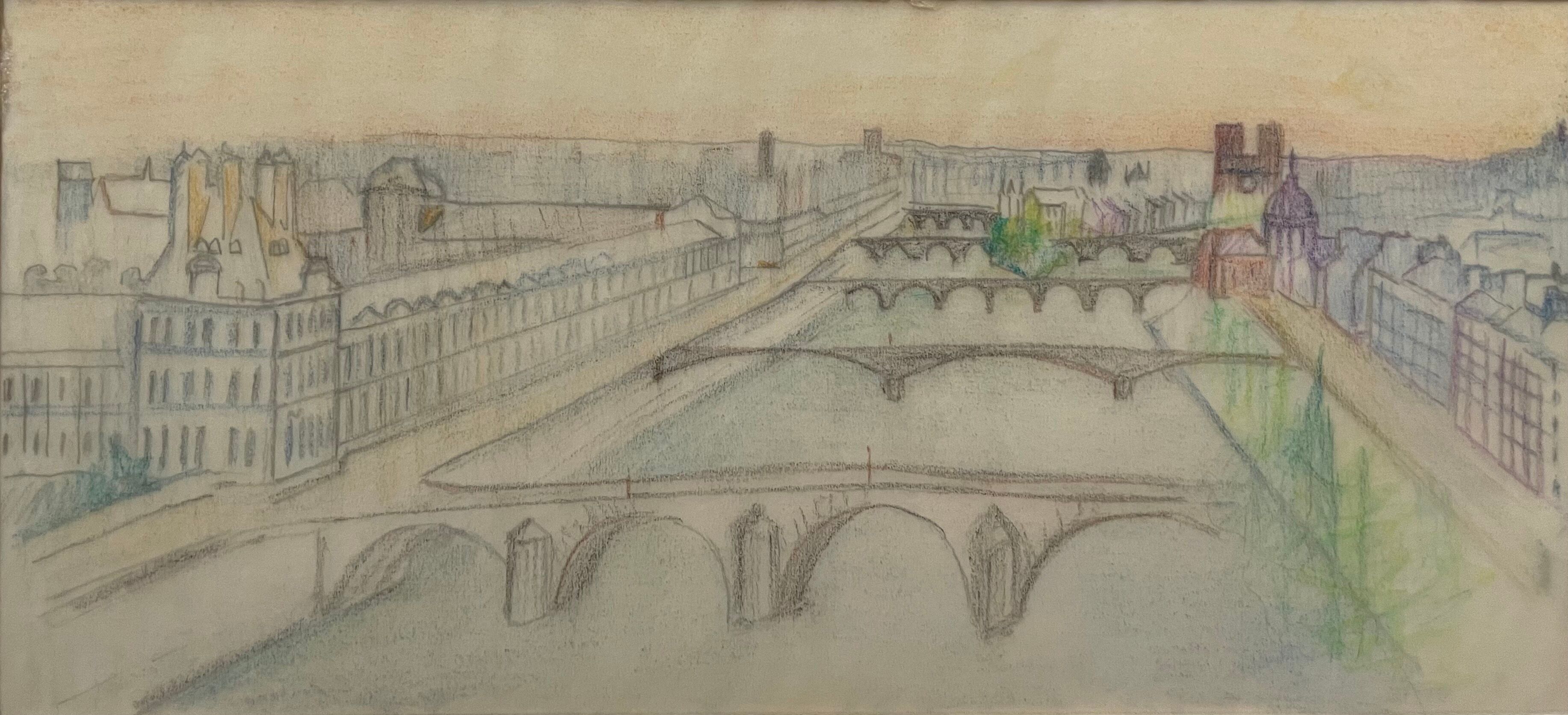 Drawing painting view of Paris on the Seine and its bridges