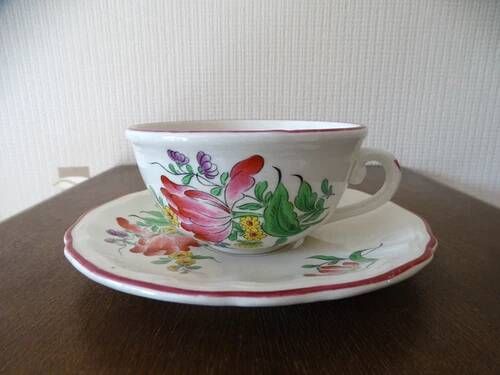Kg luneville "street lamp" breakfast cup coffee tea earthenware flowers hand-painted - 1