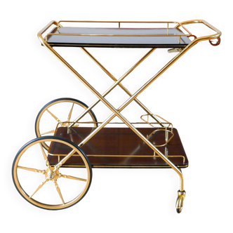 Rolling trolley in formica and gilded brass and large wheels, folding, 1970