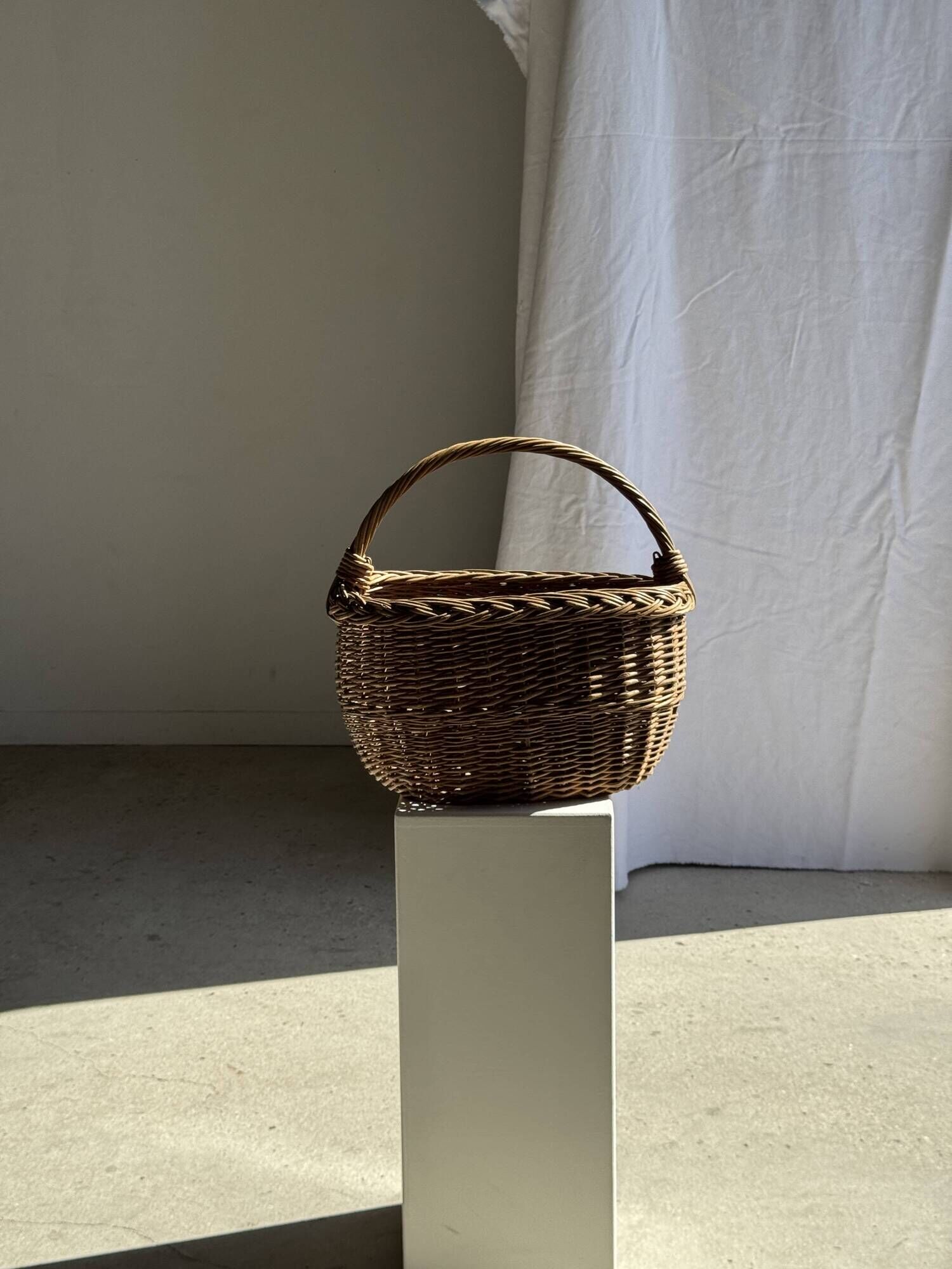 Large antique woven wicker basket with handle H45 L43 D25