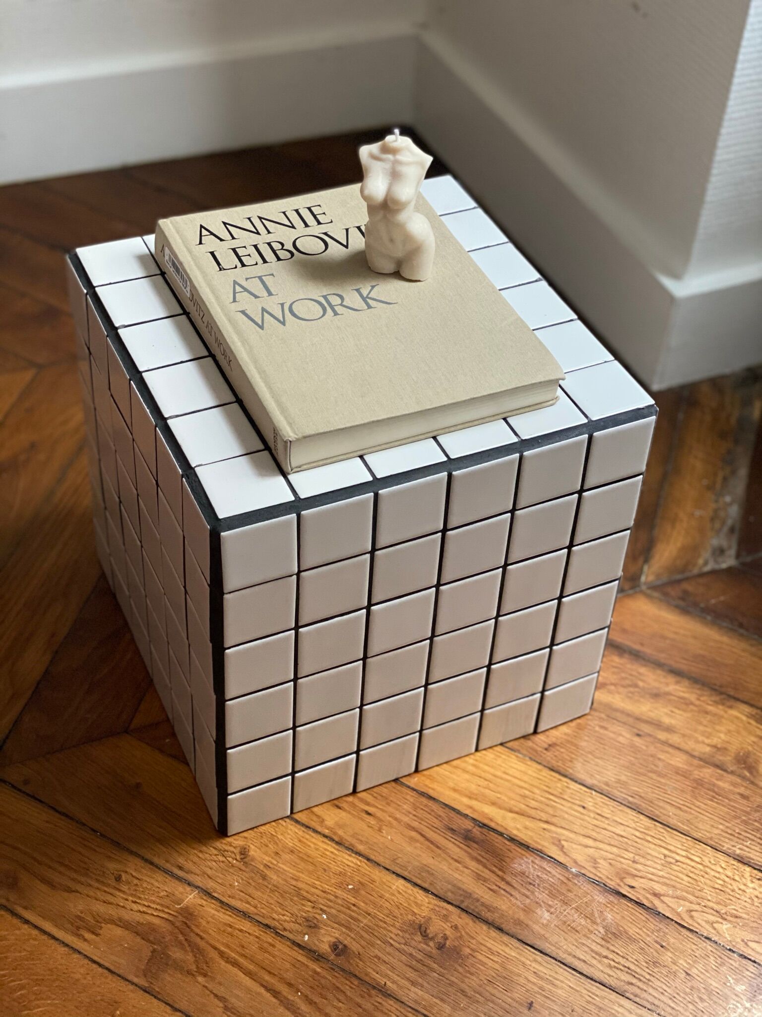 Bedside table cube checkerboard tiled white black retro