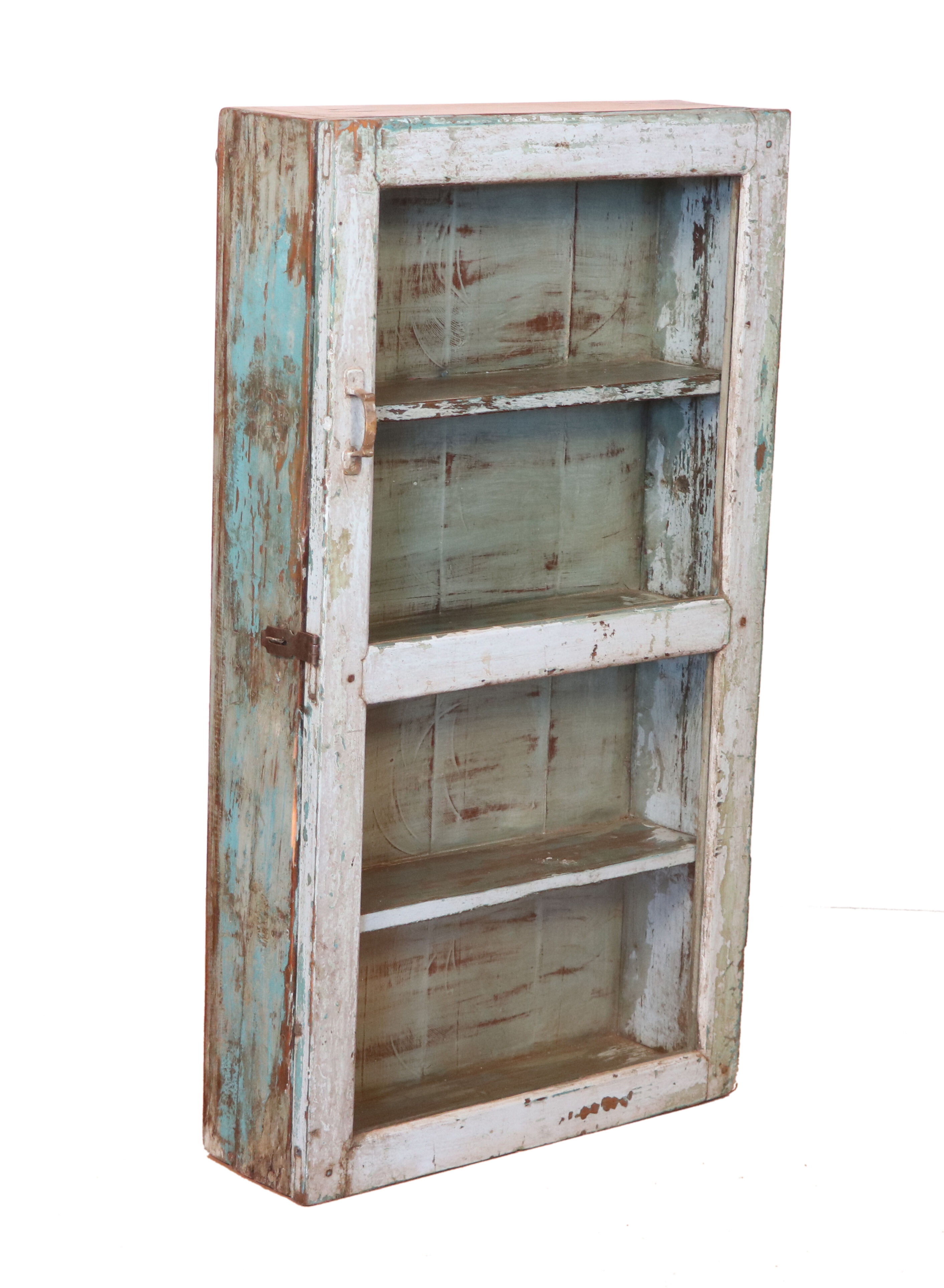 Old wall showcase in original white-blue patina Burmese teak