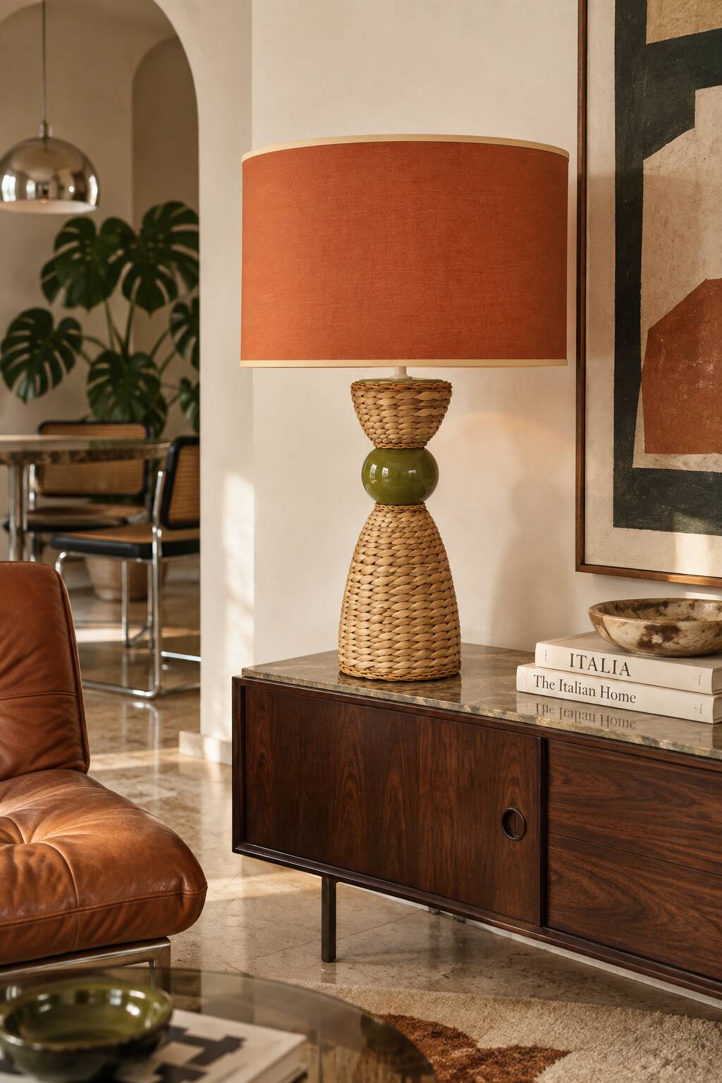 Large vintage sculptural lamp from the 60s/70s – olive green ceramic & very fine fibres.