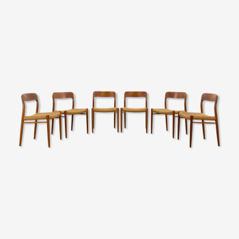 Set 6 chaises de salle à manger en teck et corde par Niels O. Moller, modèle 75