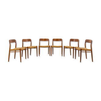 Set 6 Teak and Paper Cord Dining Chairs by Niels O. Moller, Model 75