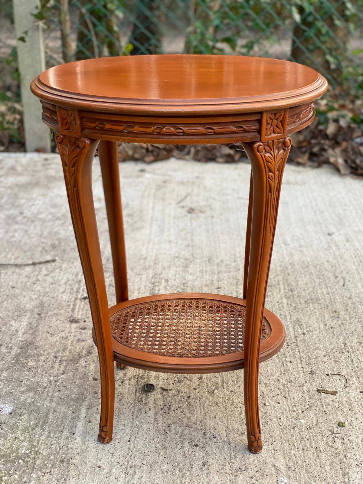 Louis XV oval pedestal table carved in solid cherry wood with cane bedside table