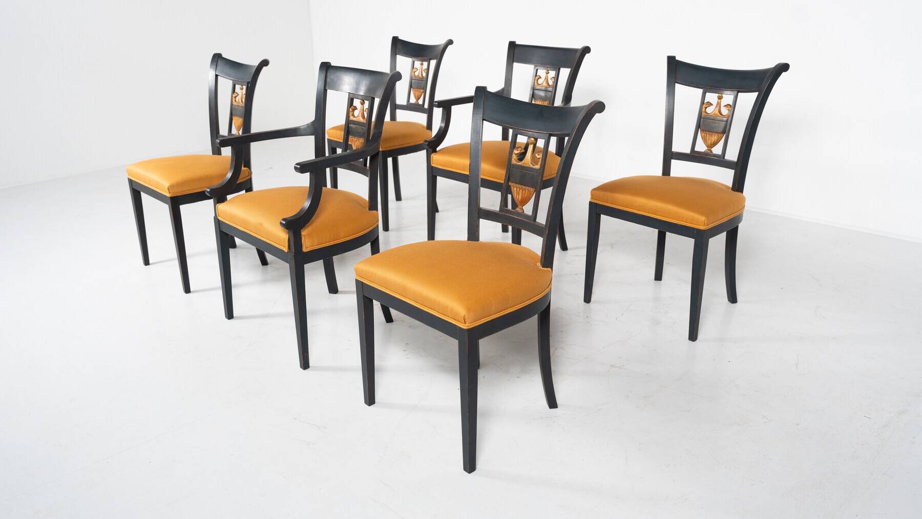 Set of 2 Black and Gold Armchairs and 4 Chairs, Empire style