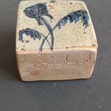 Pyrite stone vase with blue thistle decoration by Suzanne Dauliach, vintage.