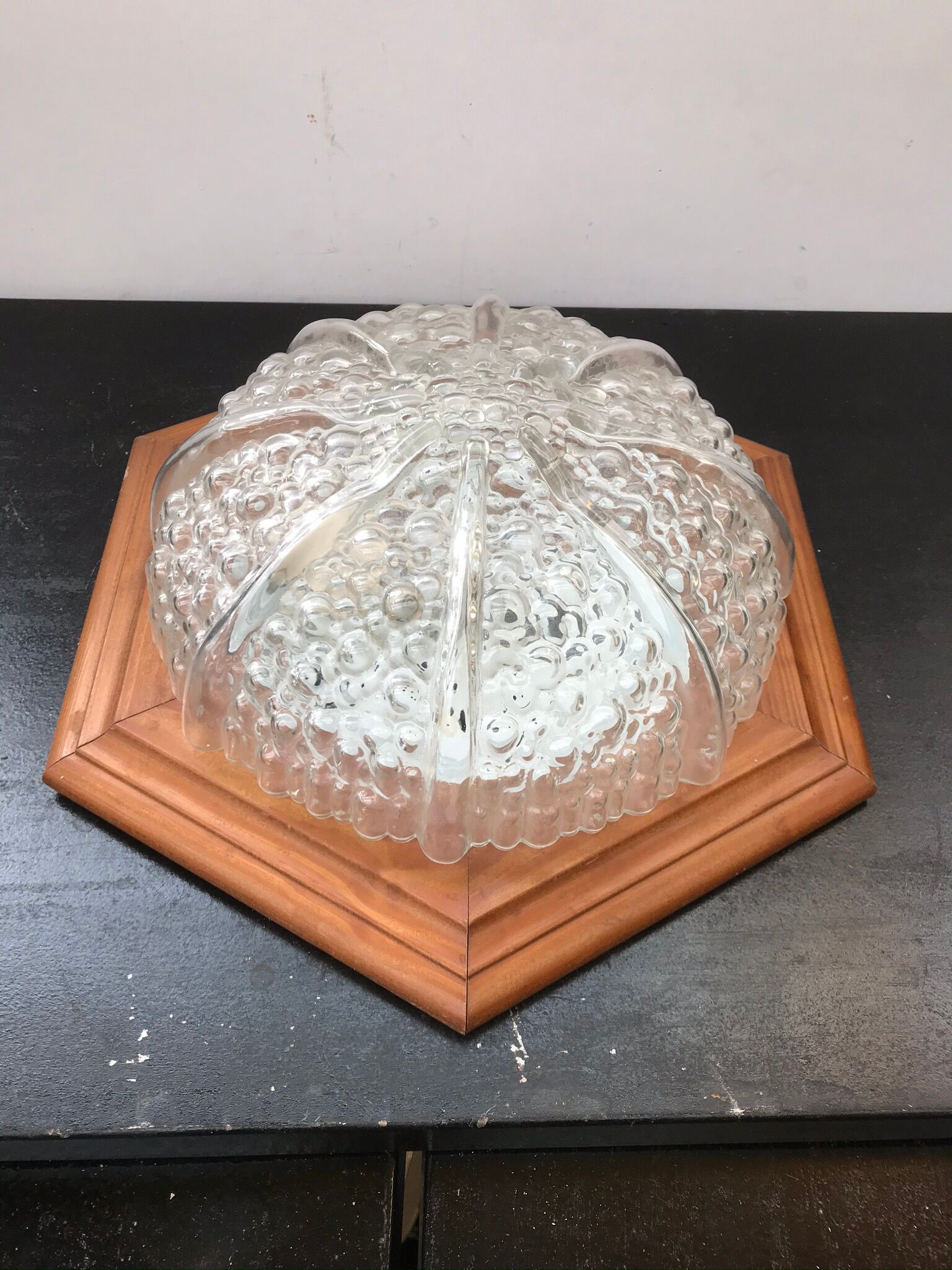 Ancient Applied Brush Glass Moulded Glass - Vintage Wood Base