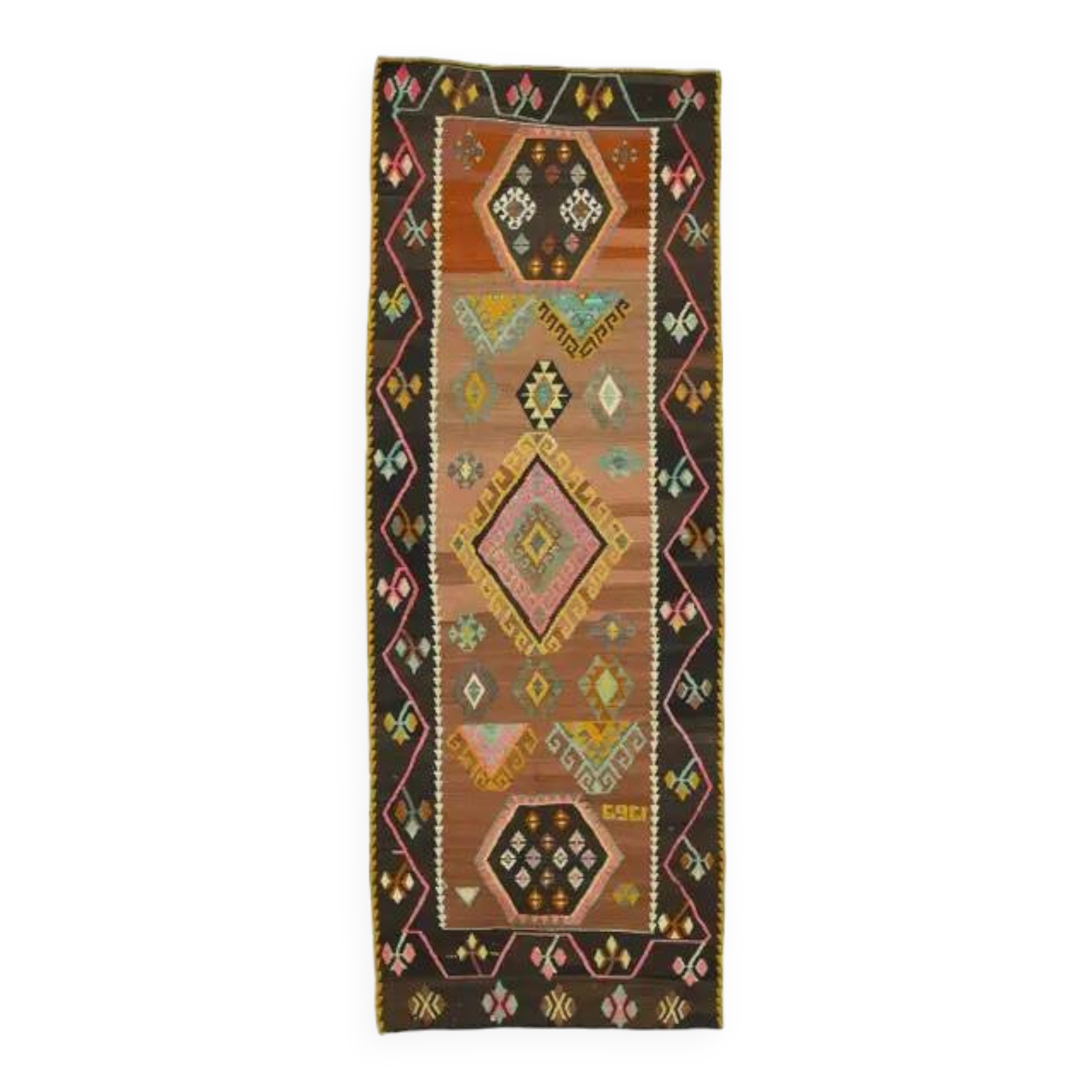 1970s Vintage Turkish Oushak Handmade Wool Cotton Orange Runner Rug 128x347
