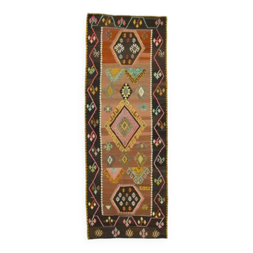 1970s Vintage Turkish Oushak Handmade Wool Cotton Orange Runner Rug 128x347