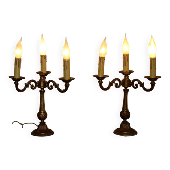 Matching Pair Antique French Bronze 3 Arm Leaf Detail Candelabra Lamps 4422