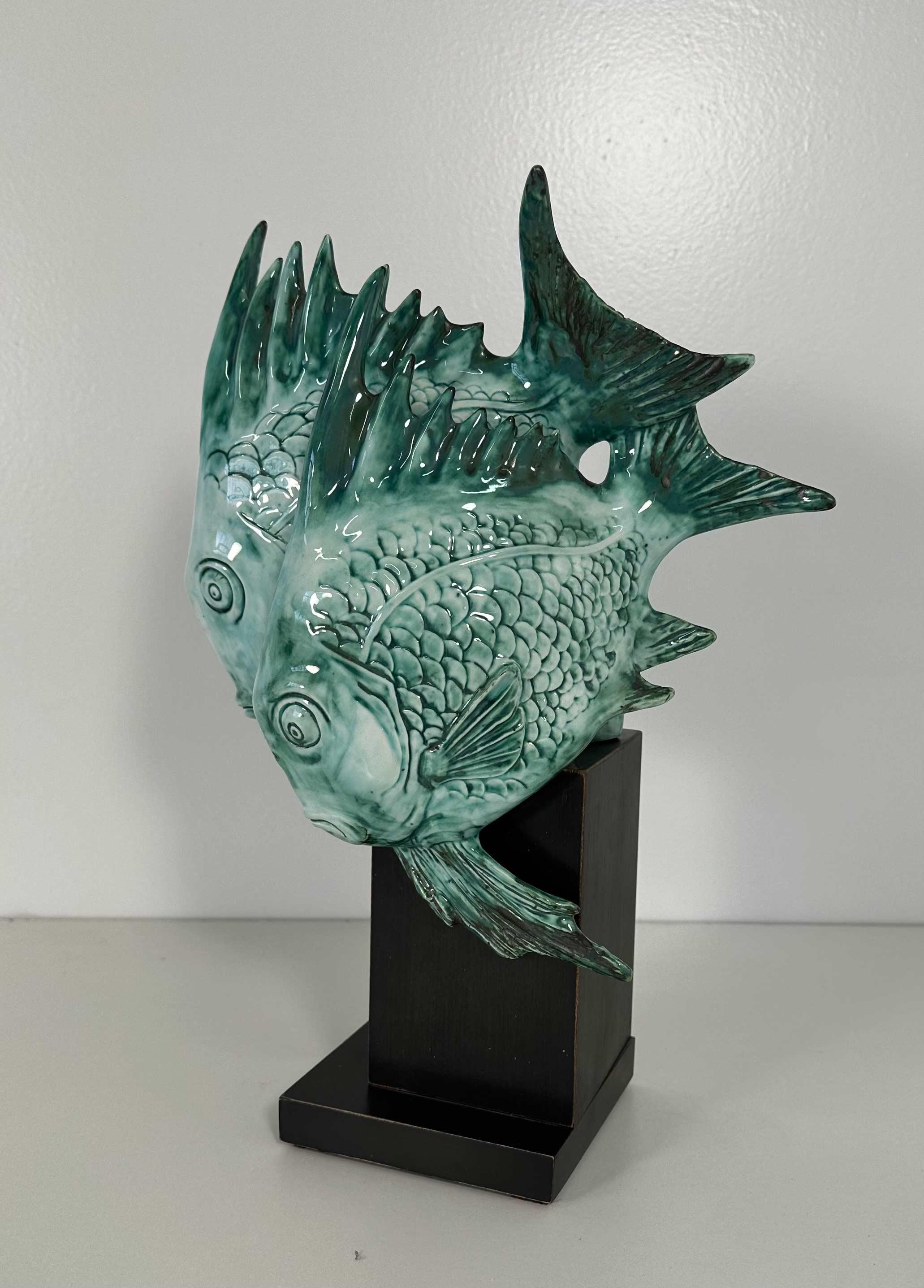 Light Blue Porcelain and Ebonized Wood Fish Sculpture by Guido Cacciapuoti Art Deco, 1930s