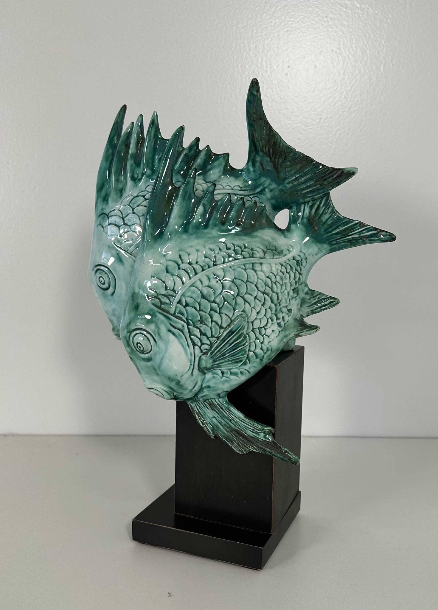 Light Blue Porcelain and Ebonized Wood Fish Sculpture by Guido Cacciapuoti Art Deco, 1930s