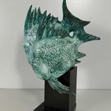 Light Blue Porcelain and Ebonized Wood Fish Sculpture by Guido Cacciapuoti Art Deco, 1930s