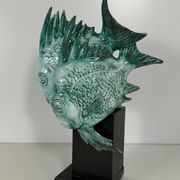 Light Blue Porcelain and Ebonized Wood Fish Sculpture by Guido Cacciapuoti Art Deco, 1930s