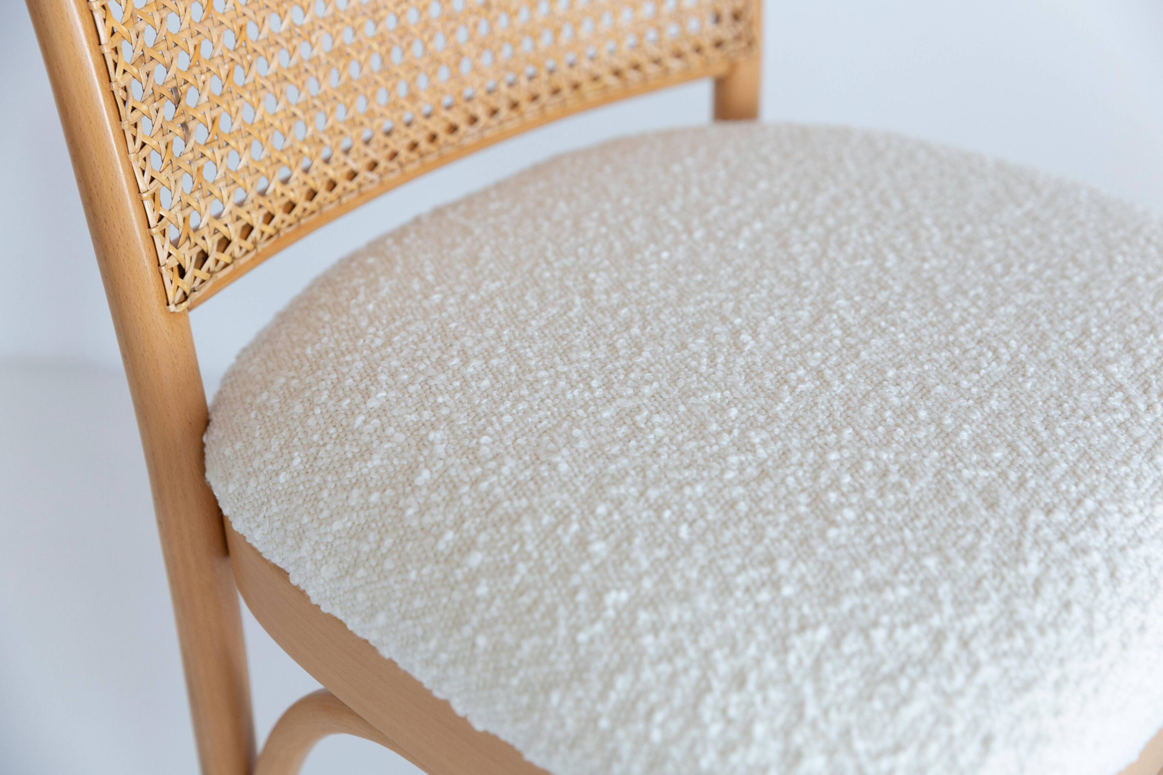 Rattan chair, off-white boucle and Thonet wood, 1960s