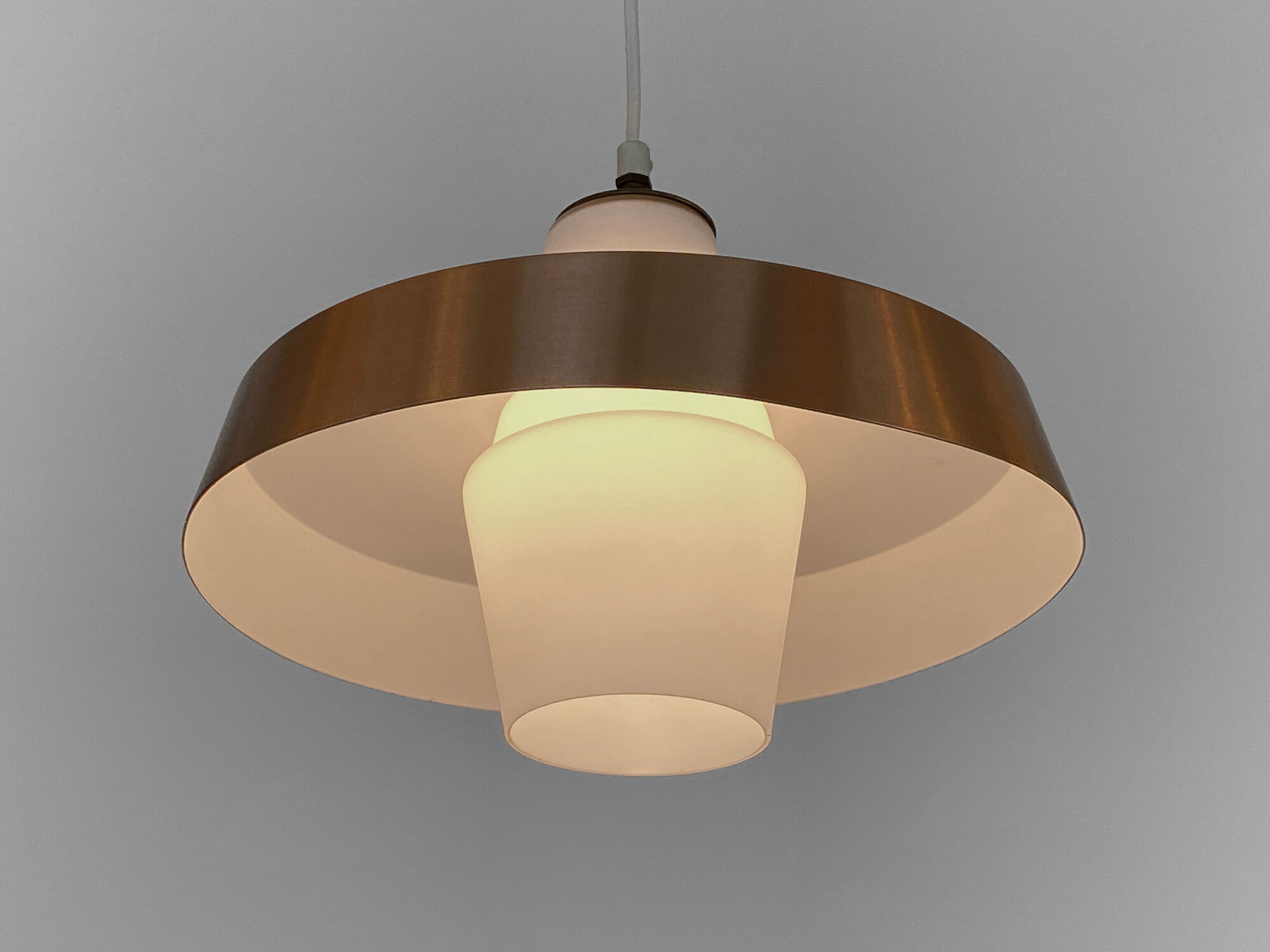 Pendant light in opaline glass with aluminum shade. Sweden 1960s