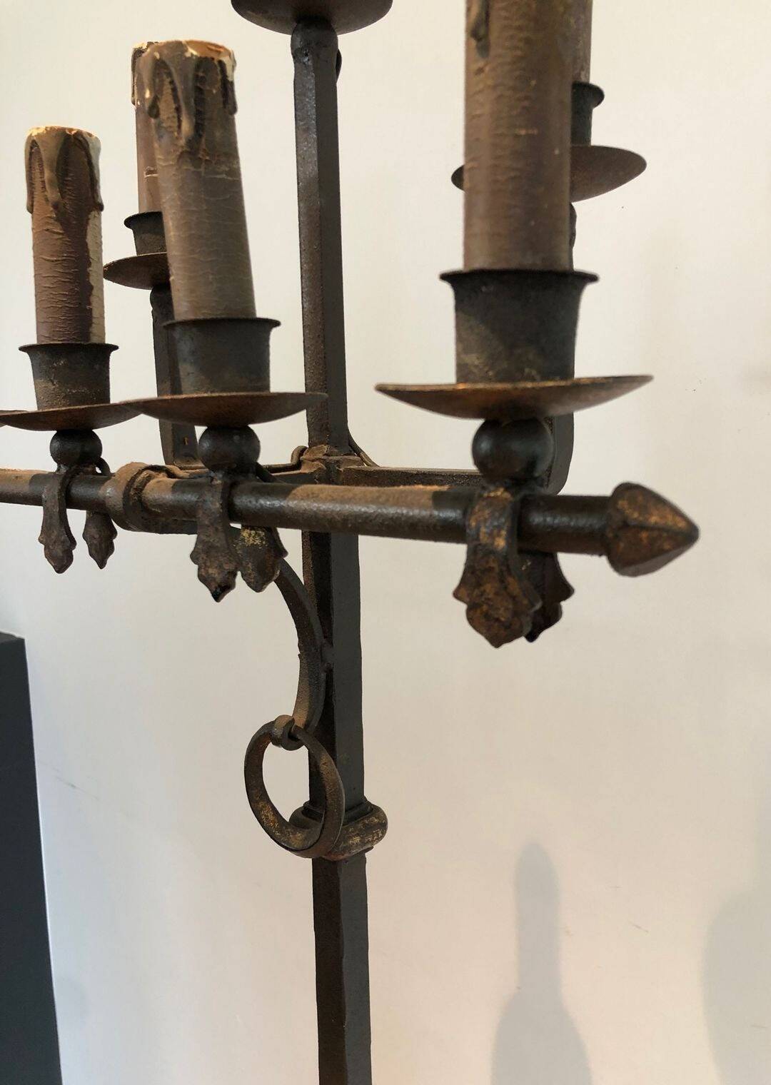 Parquet Floor Lamp in Wrought Iron and Gilded Iron, Art Deco, French Work,