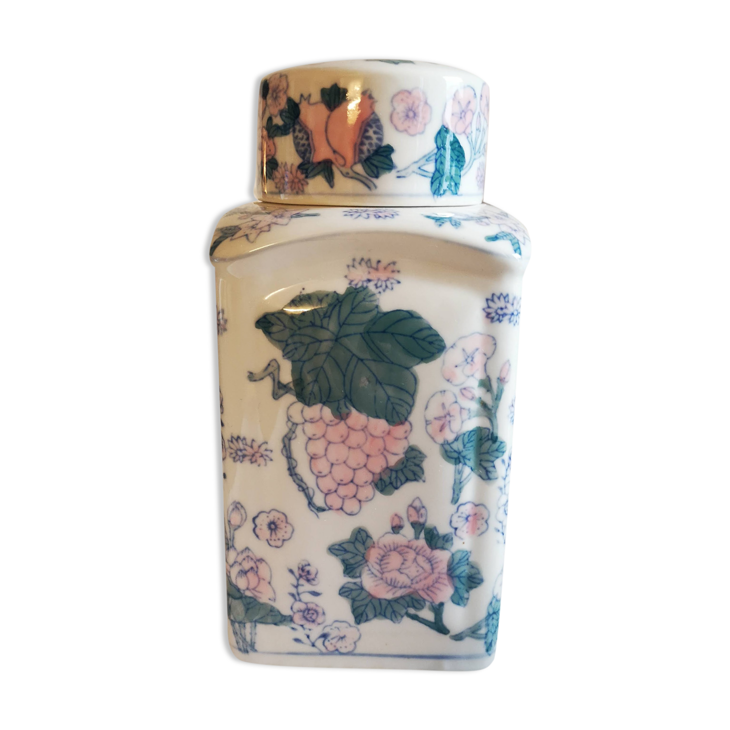 Pharmacy pot in earthenware decoration flowers