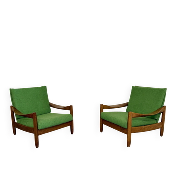 Lot 2 fauteuils vintage chêne massif tissu bouclé design scandinave 70