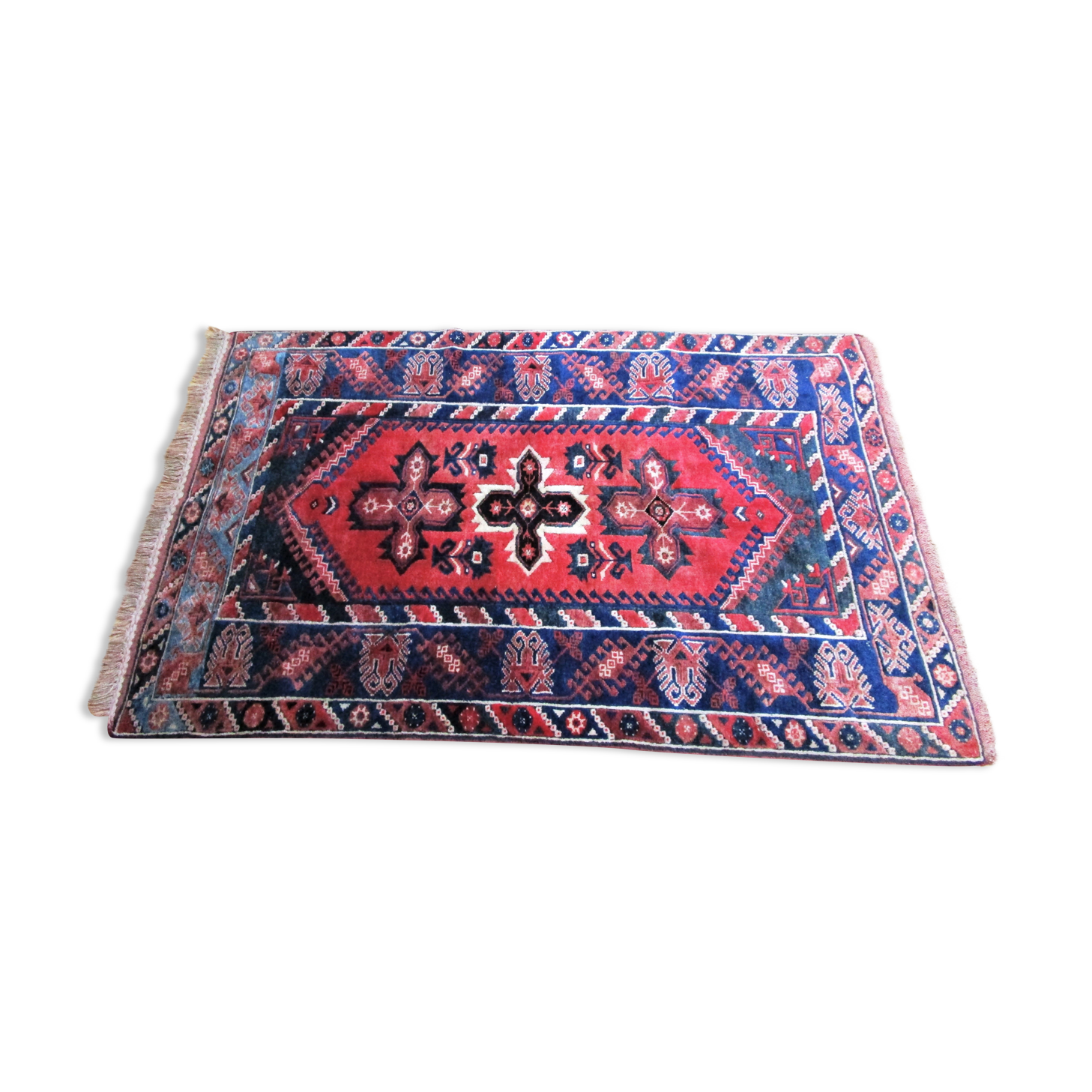 Carpet point knotted velvet wool blue red white 124 cm x 202 cm vintage