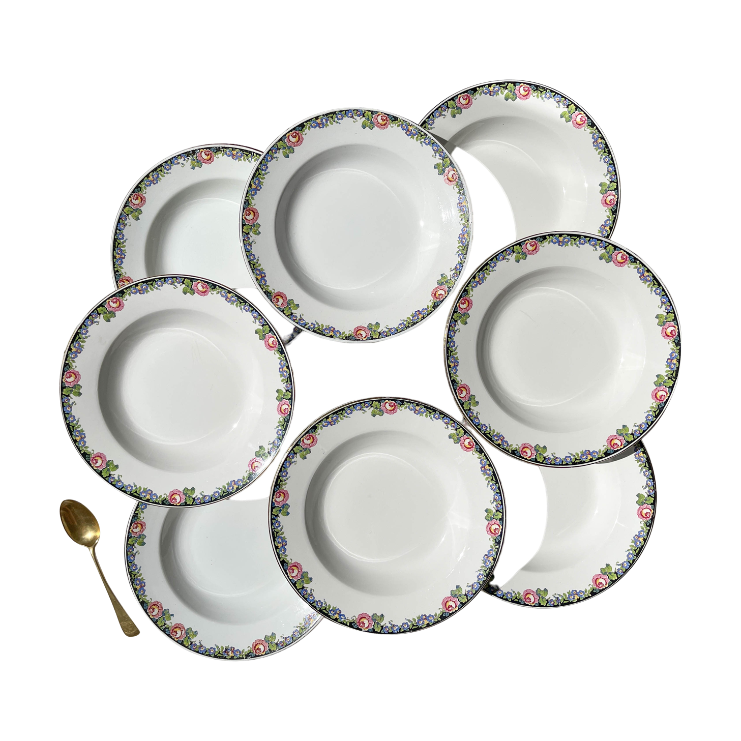 8 Digoin opaque porcelain soup plates with floral pattern "3984" ~