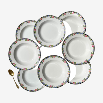 8 assiettes creuses en porcelaine opaque Digoin motif fleuris "3984" ~