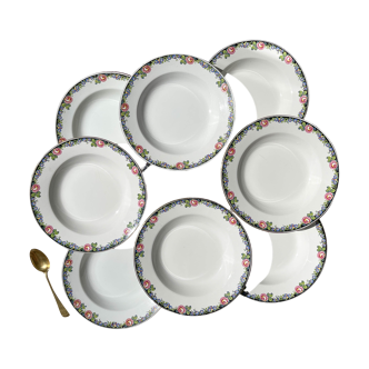 8 assiettes creuses en porcelaine opaque Digoin motif fleuris "3984" ~