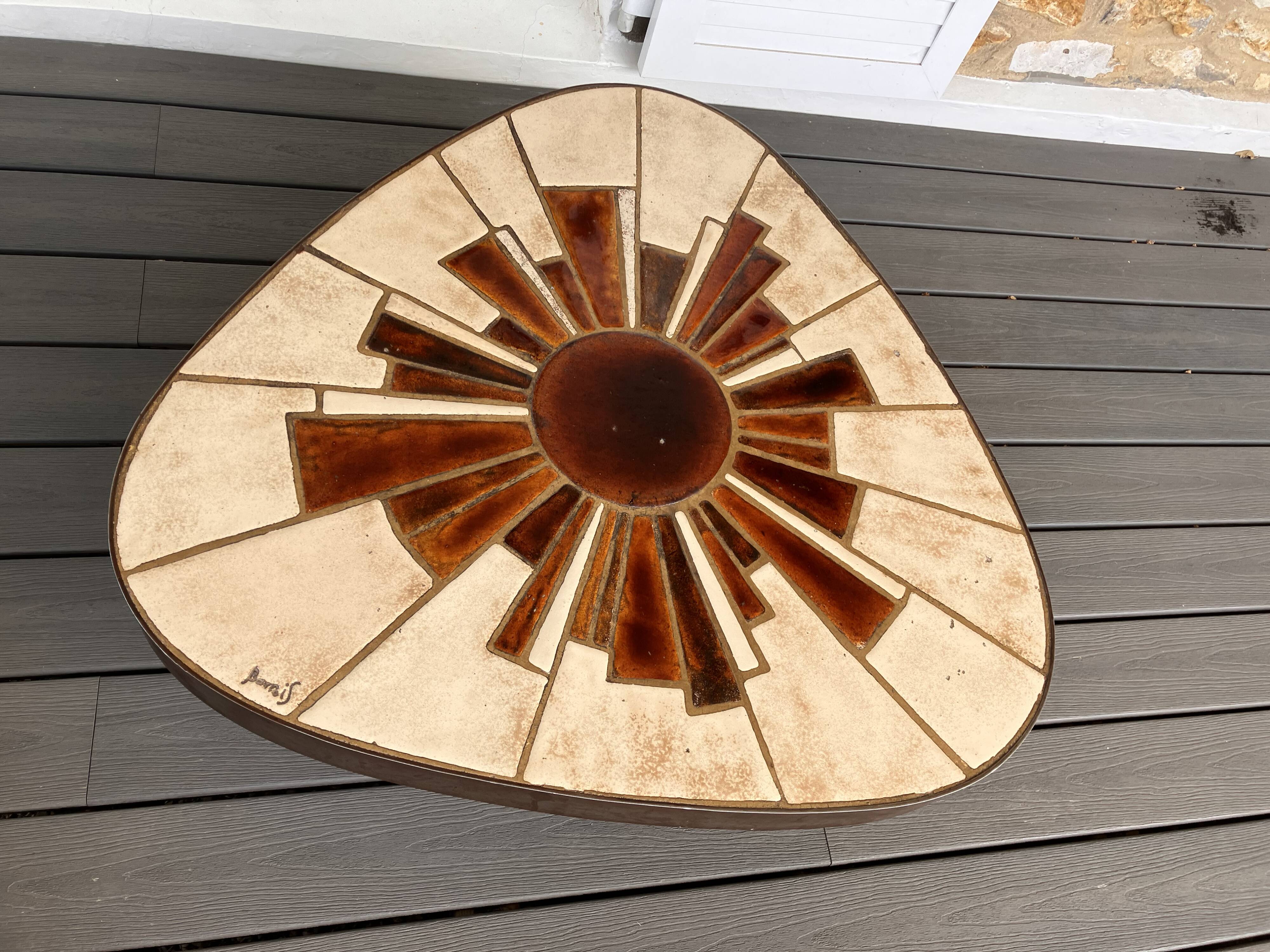 Vintage coffee table in ceramic and metal, signed Barrois.