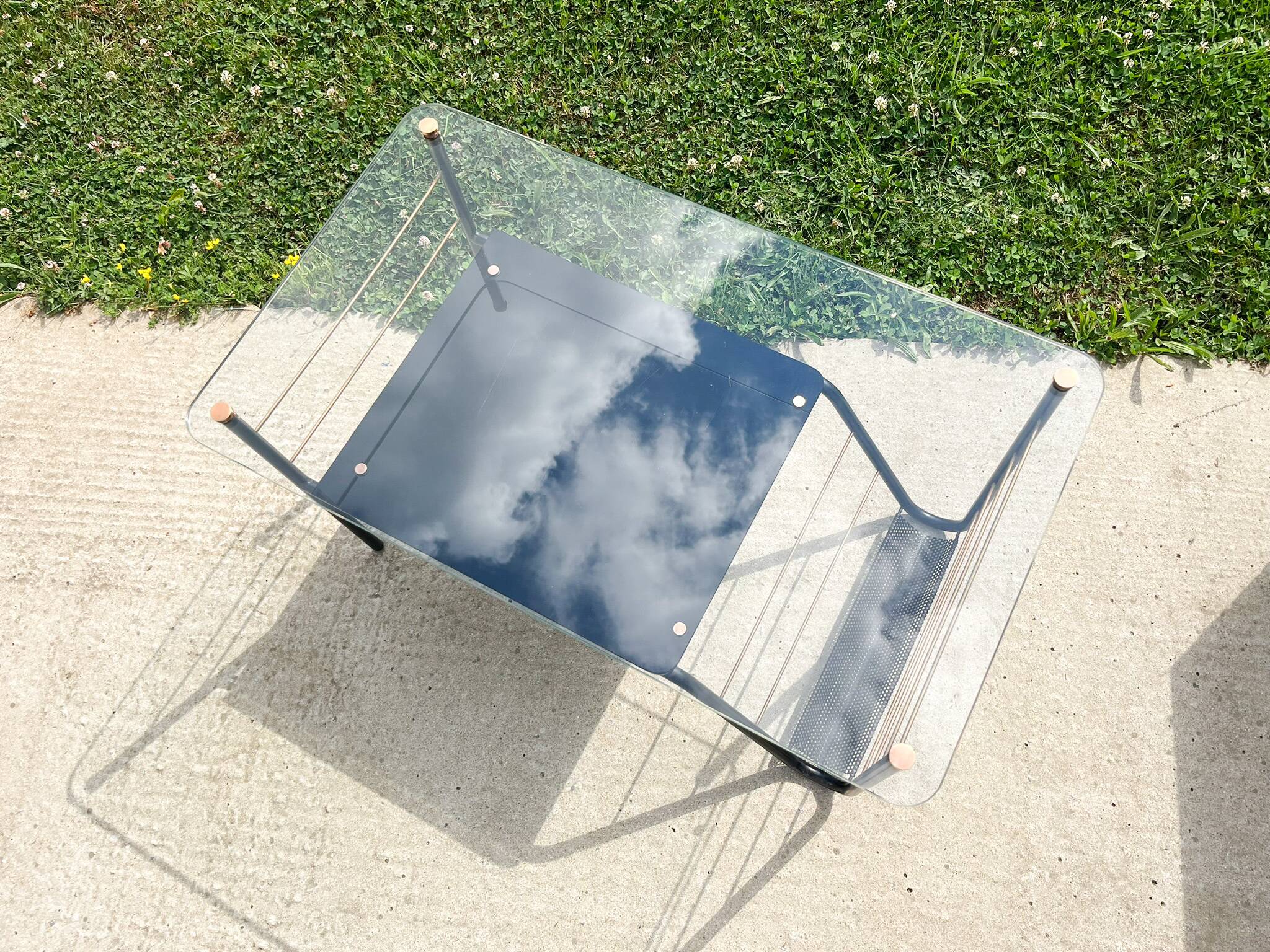 Roche Bobois metal and glass coffee table with magazine rack from the 50s