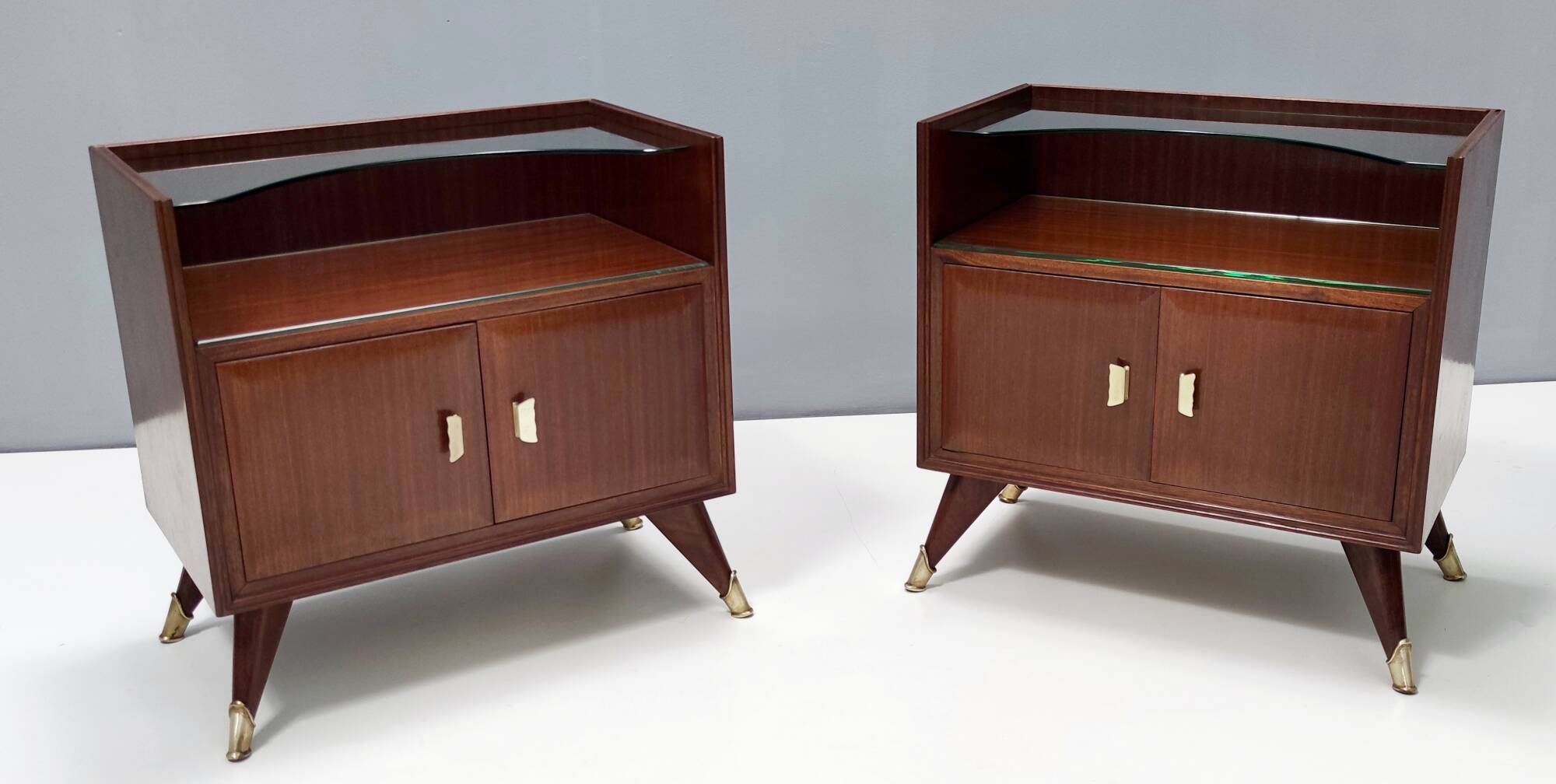 Pair of Elegant Walnut Nightstands with a Crystal Top Shelf