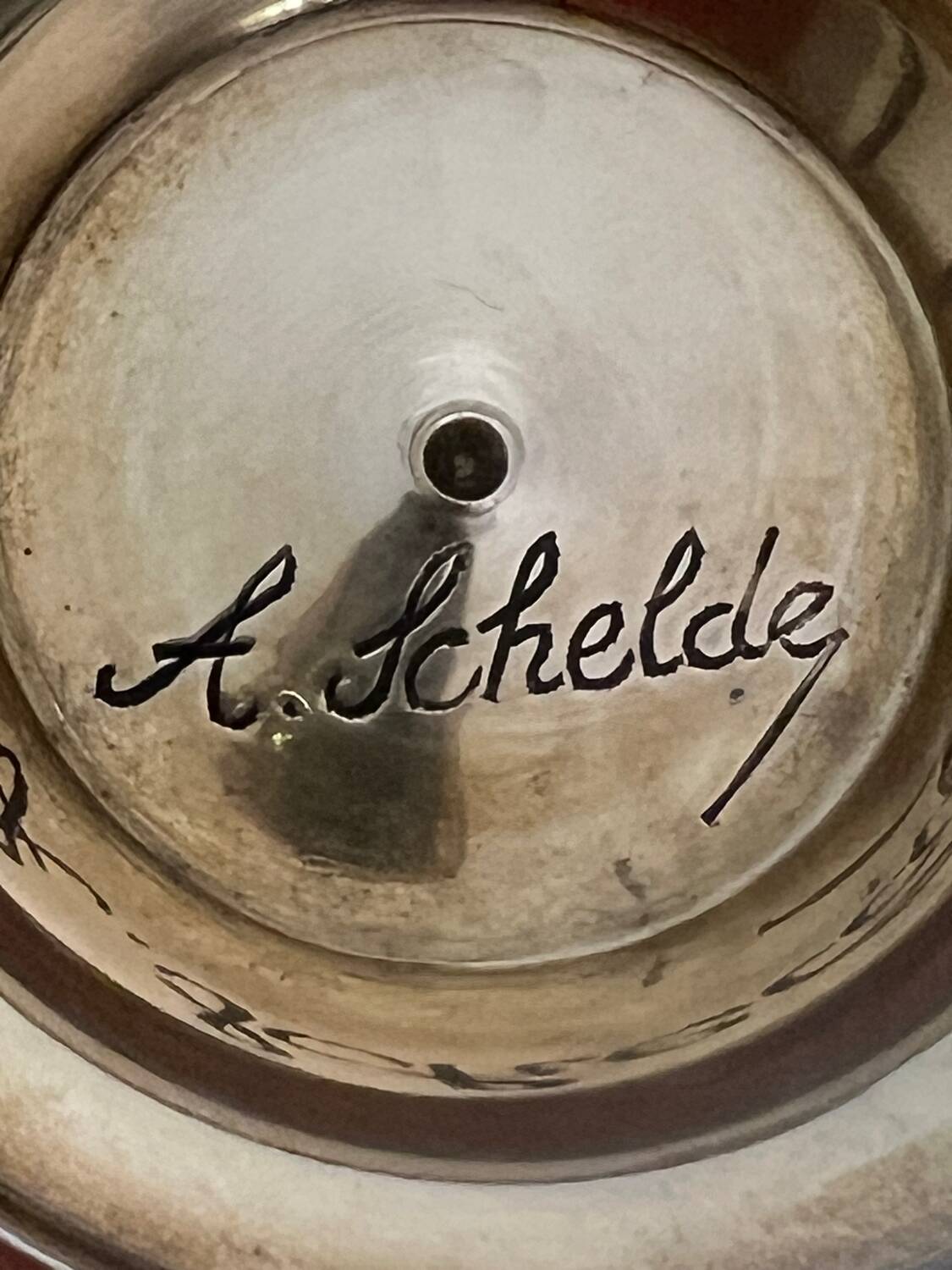 Enameled brass bowl – piece signed by the artist A.Schelde