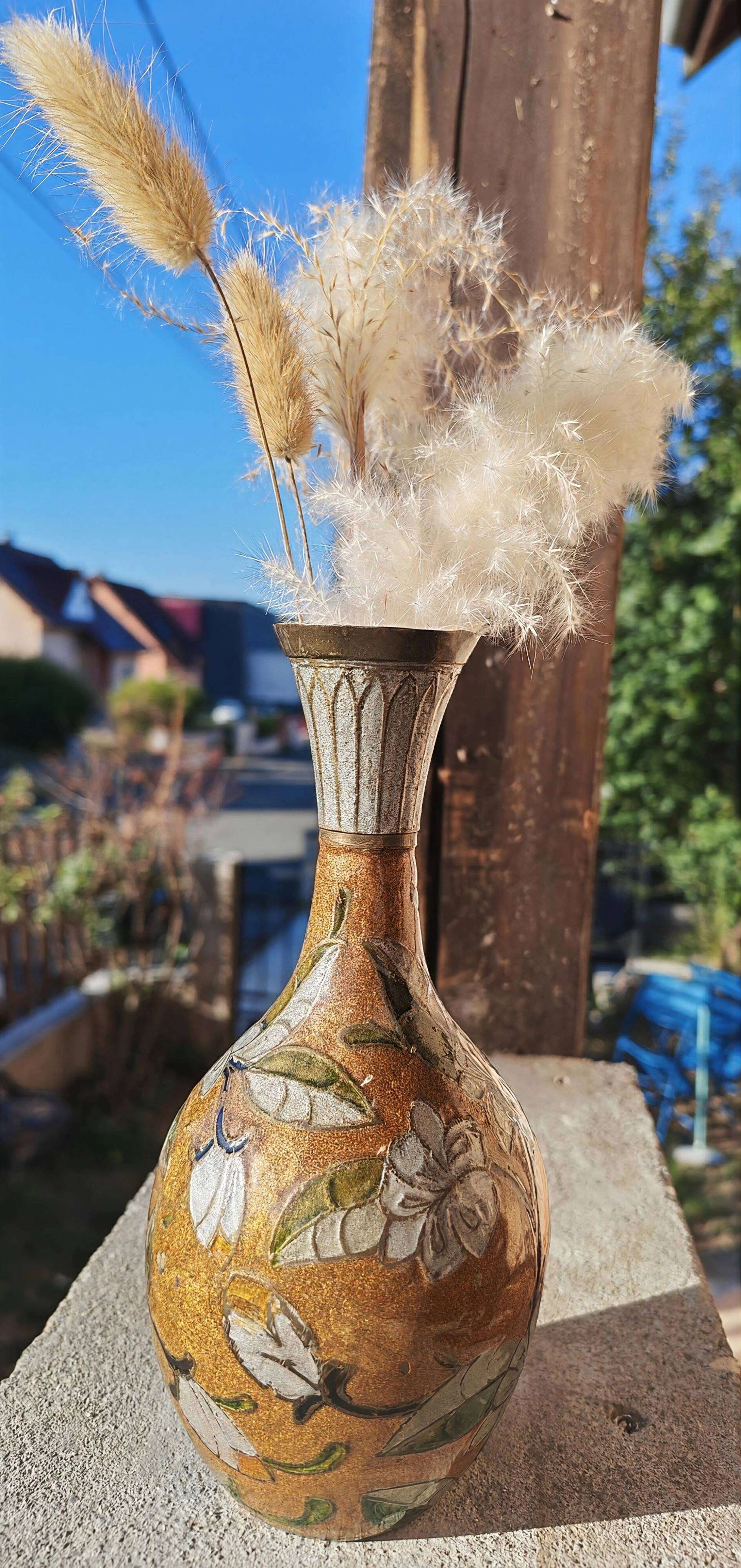 Antique oriental metal vase – floral decoration – vintage