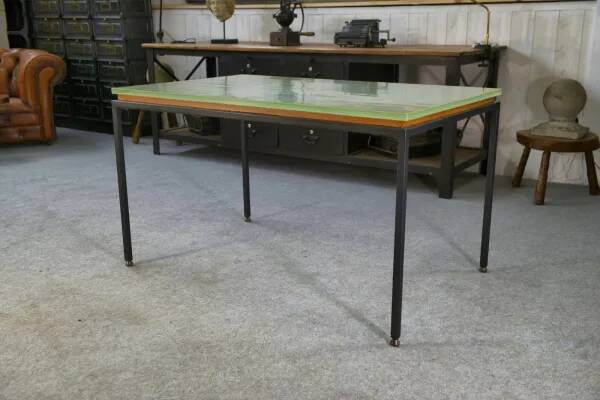 Saint-Gobain glass and black lacquered metal designer table, 1960s