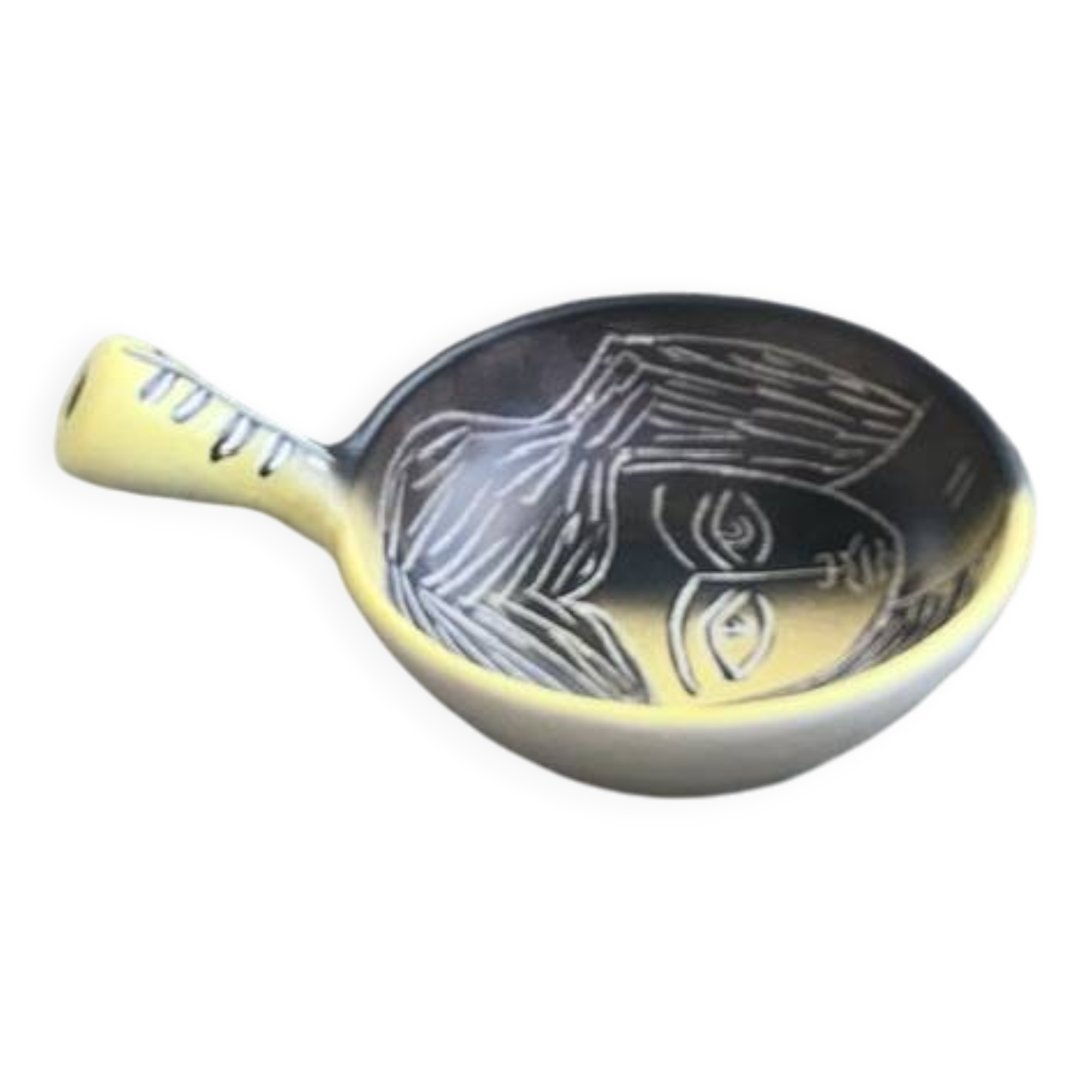 Bowl, pan with a female face engraved in enameled ceramic helene Ugo vallauris vintage