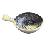 Bowl, pan with a female face engraved in enameled ceramic helene Ugo vallauris vintage