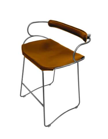 Contemporary sculptural bar stool c. Silvered Aged Steel Backrest and Cognac Leather