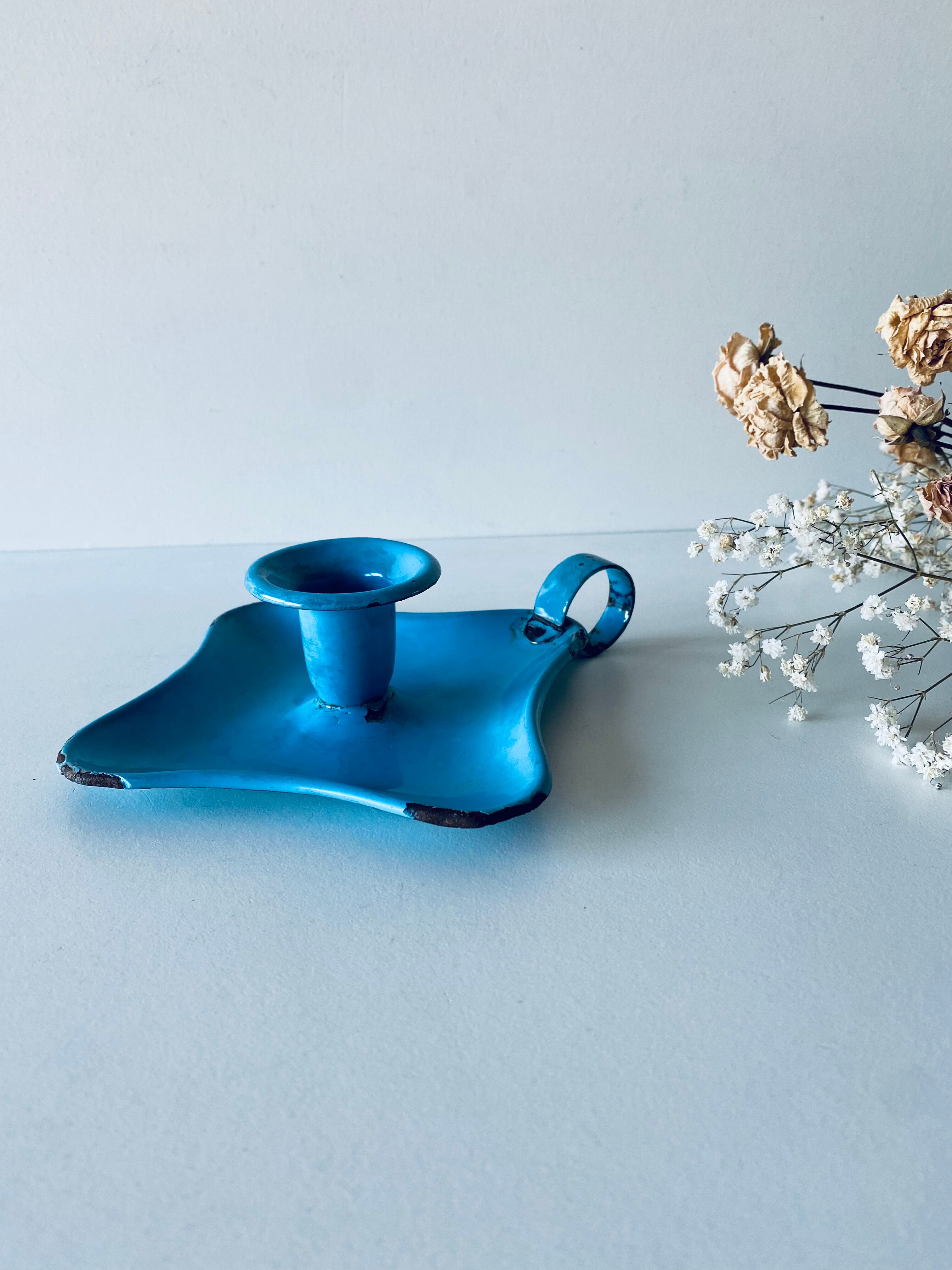 Old sky blue enamelled candle holder