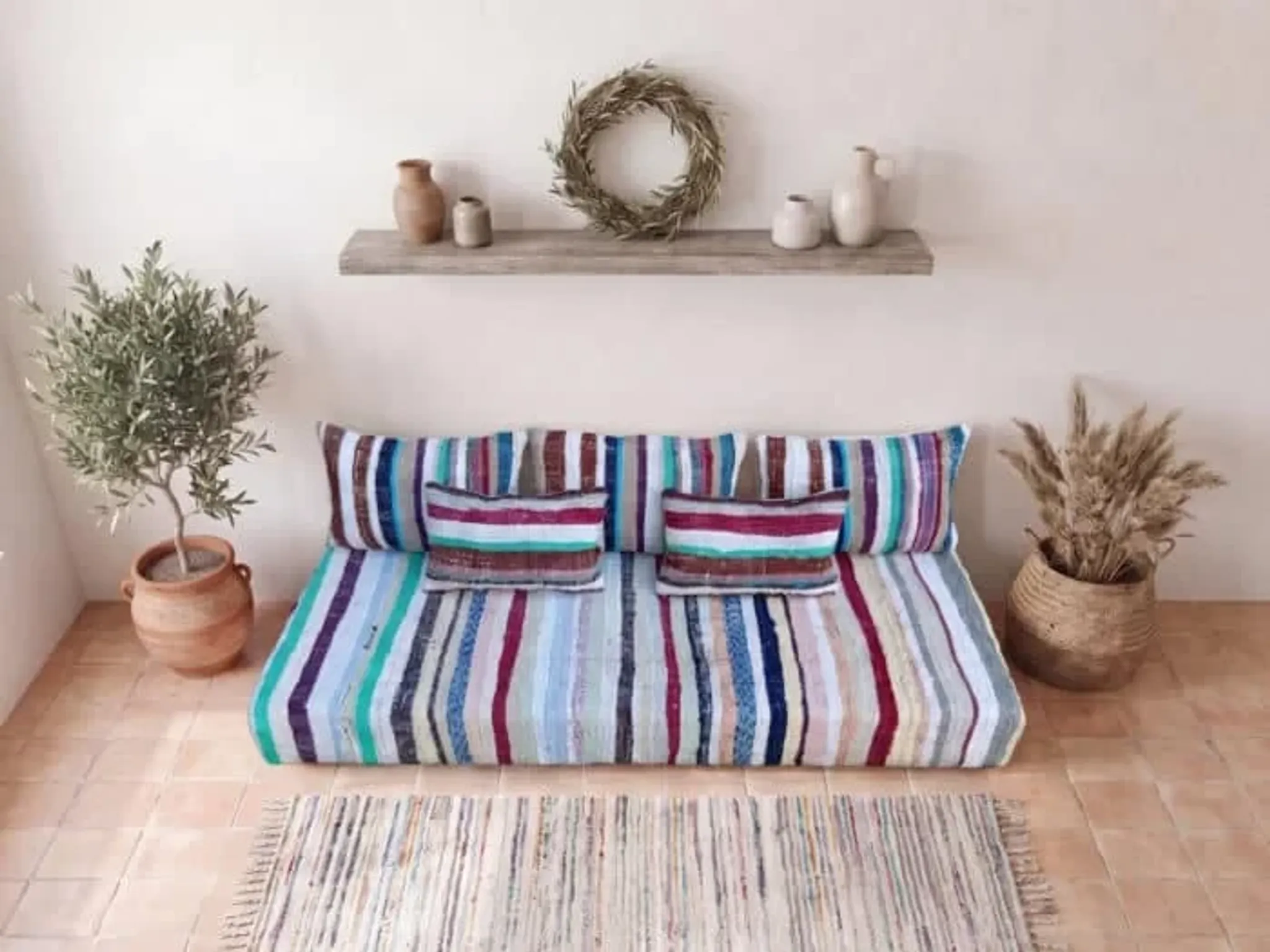 Pastel striped floor cushion, handwoven recycled cotton boucherouite.
