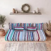 Pastel striped floor cushion, handwoven recycled cotton boucherouite.