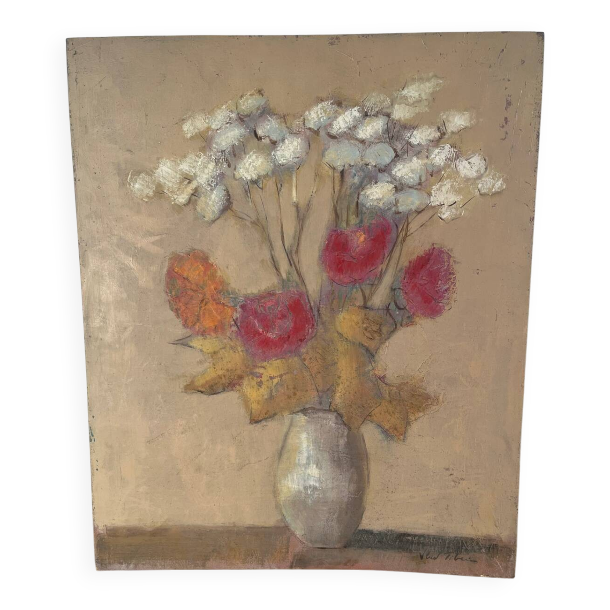 Bouquet of flowers, oil on wood panel, signed Vlad Tiberin.