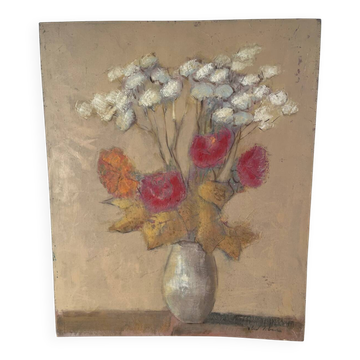 Bouquet de fleurs, huile sur panneau de bois, signé Vlad Tiberin