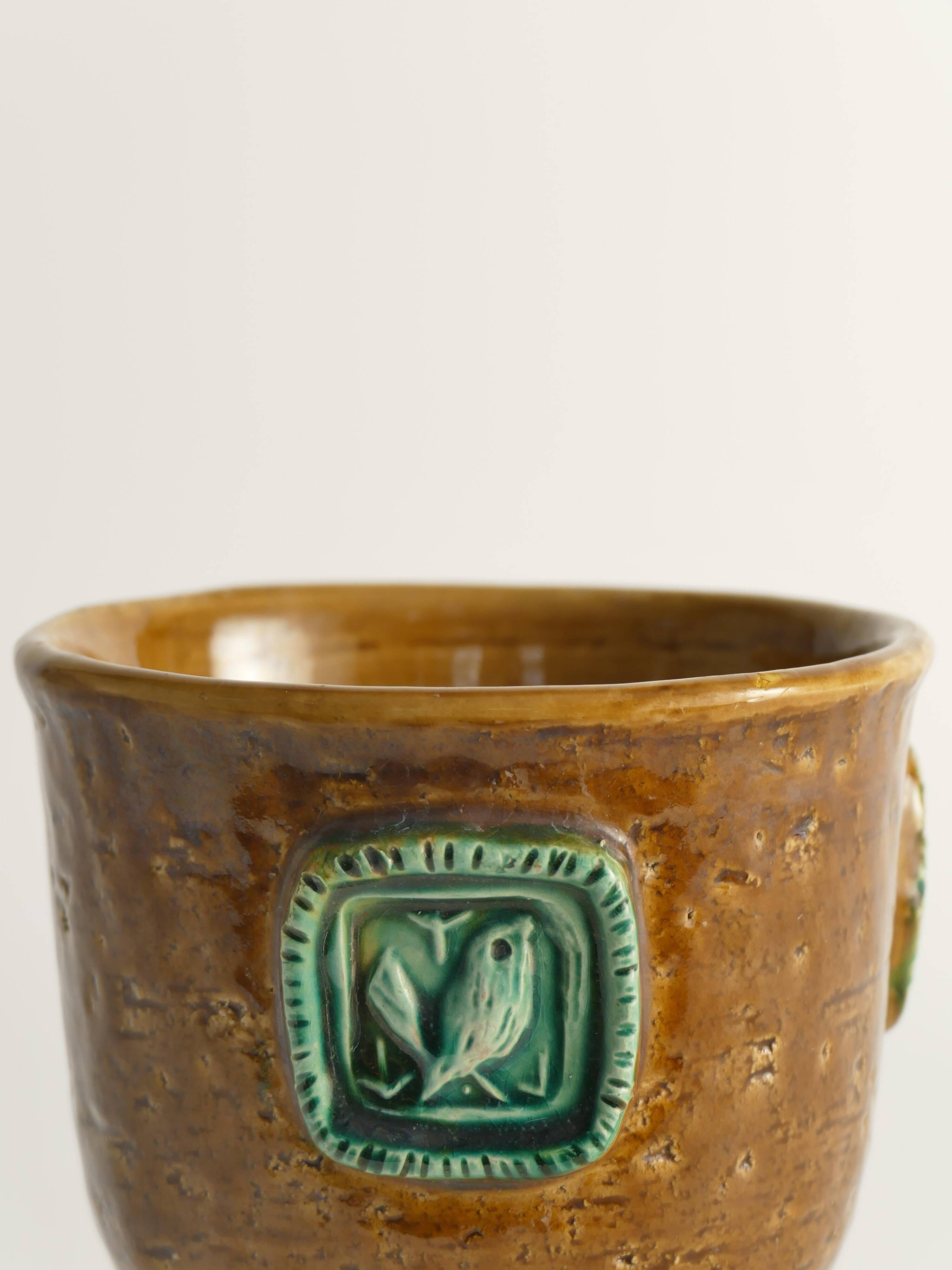 Vase en grès brun moutarde avec des oiseaux vert céladon par Aldo Londi pour Bitossi