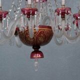 Lustre pampilles XIXème verre coloré doré et dorure