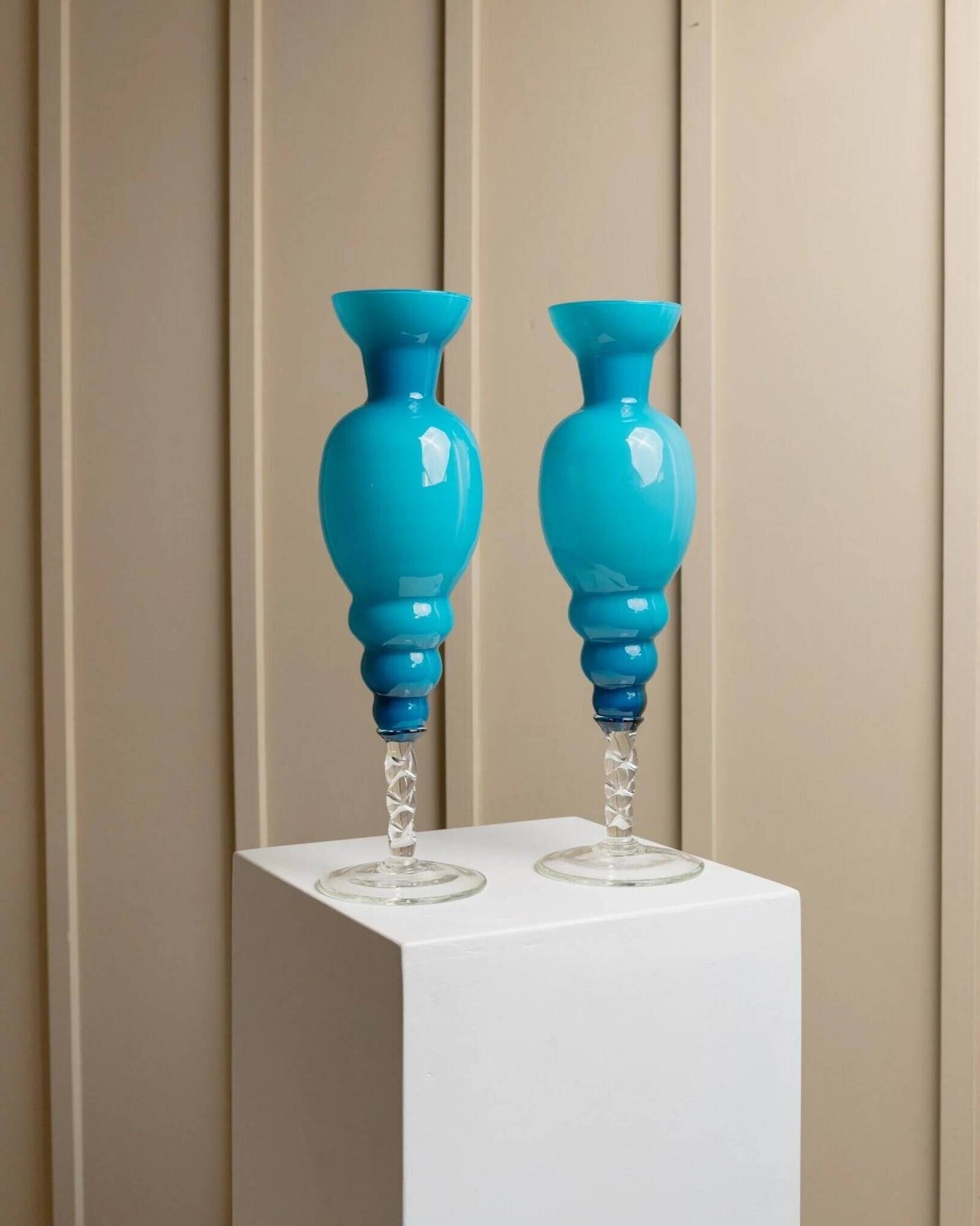 Azure Blue Murano Glass Vase XL, Fluted Beaded Silhouette, 1960s Hollywood Regency