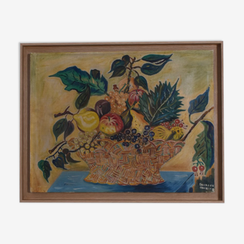Fruits in a wicker cup, oil on canvas, 1970s.