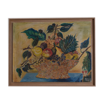 Fruits in a wicker cup, oil on canvas, 1970s.