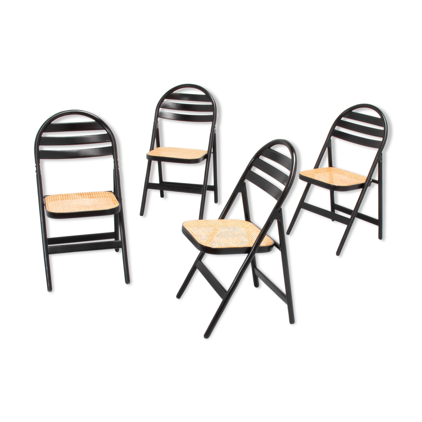 4 Vintage Wood Folding Chairs with Cane Seating